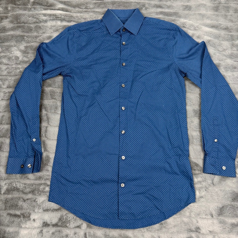 J. Ferrar Mens Slim Fit Stretch Dress Shirt Blue Polka Dot S 14-14.5 32-33
